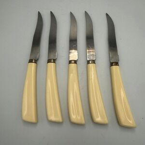 Vintage 70s Quikut Quikkle Steak Knife Set 5pc Stainless Steel Cream Handle USA